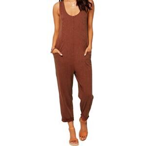 L Space Tropicalia Romper Tank Hand Pockets Tie Back 100% Cotton Brown Small